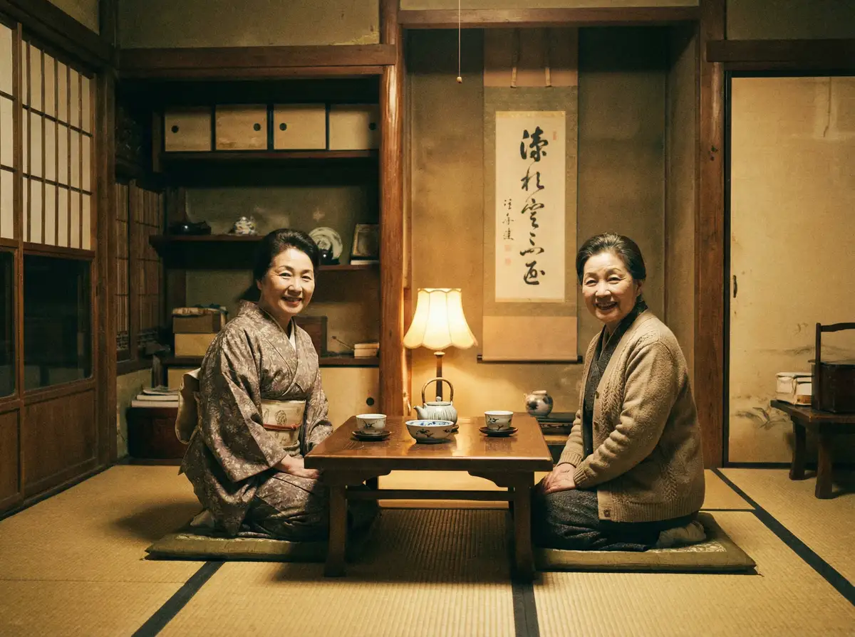 两位优雅的 YW193.龙物网站 在日式茶室中品茶交谈